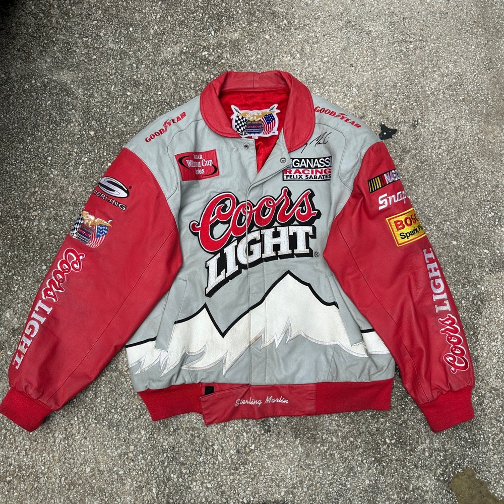Vtg 90s Jeff Hamilton Coors Light Racing Leather Jacket Sterling Marlin NASCAR L